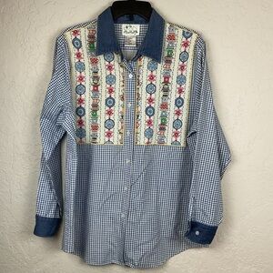 Women’s Quacker Factory Blue White Gingham Button Down Long Sleeve Top Sz Lg